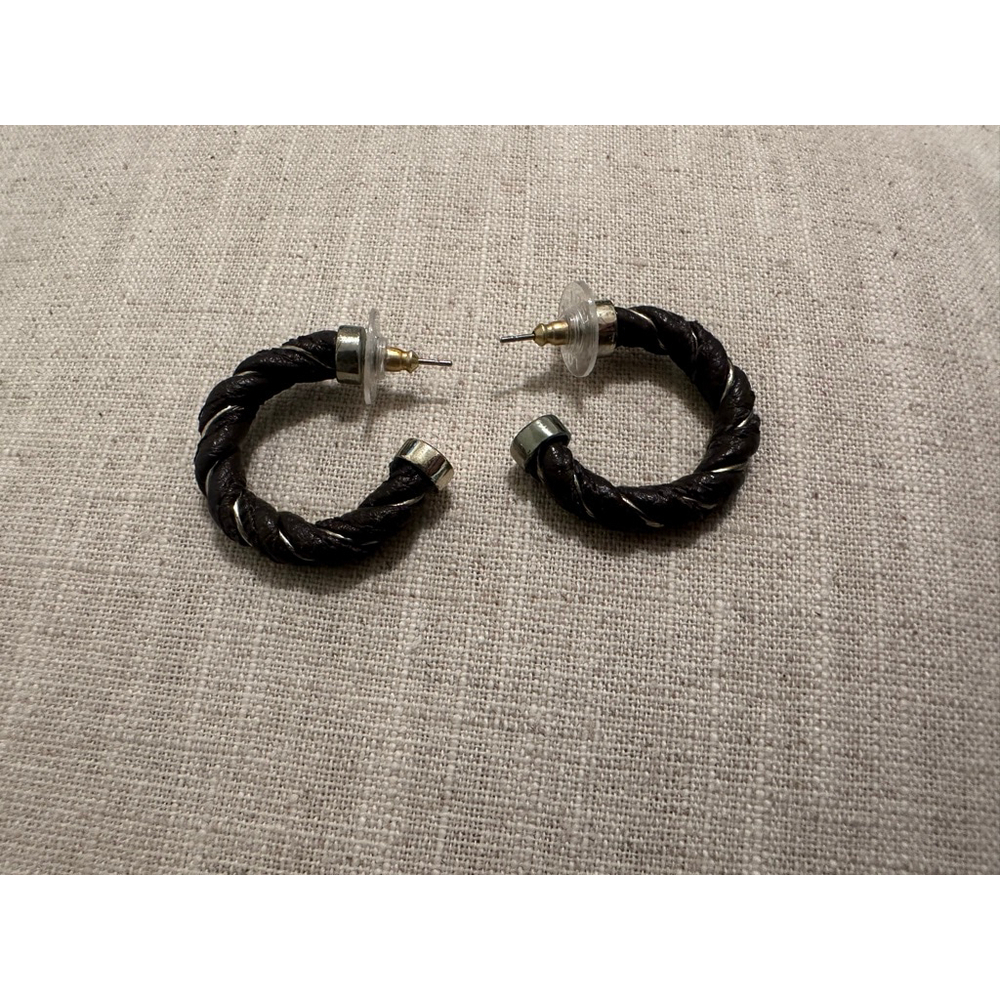 Brown Leather Twisted Hoop Earrings